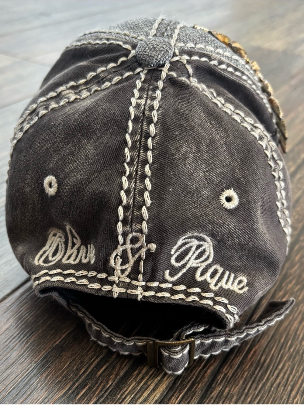 Olive & Pique Rhinestone Flower Baseball Cap Hat Washed Gray Embroidered *Read - Picture 6 of 11